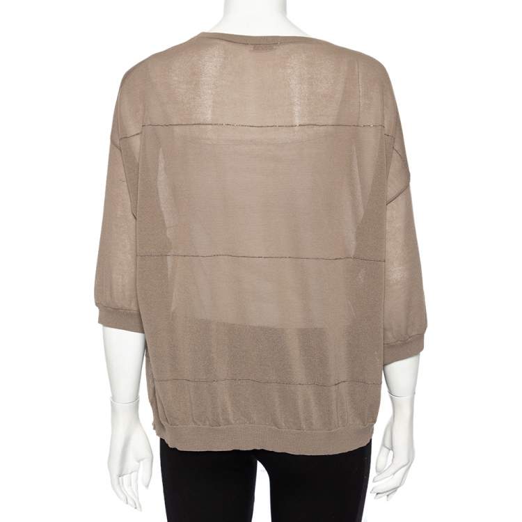 Pre Owned Brunello Cucinelli Light Brown Knit Embellished Detail Oversized Top M 
