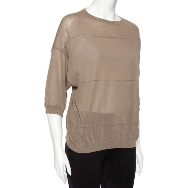 Pre Owned Brunello Cucinelli Light Brown Knit Embellished Detail Oversized Top M 