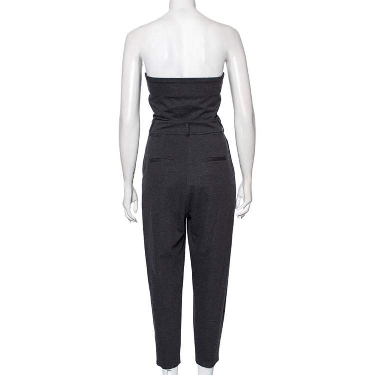 Pre Owned Brunello Cucinelli Dark Grey Knit Pleated Detailed Strapless Jumpsuit S