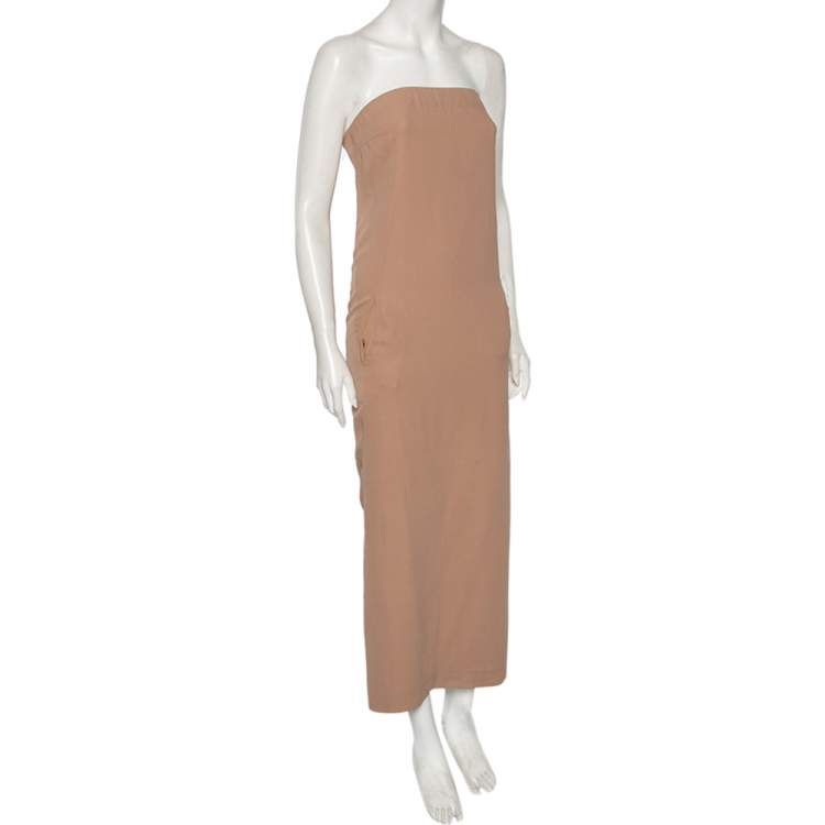 Pre Owned Brunello Cucinelli Nude Pink Silk Back Slit Detailed Strapless Midi Dress XS