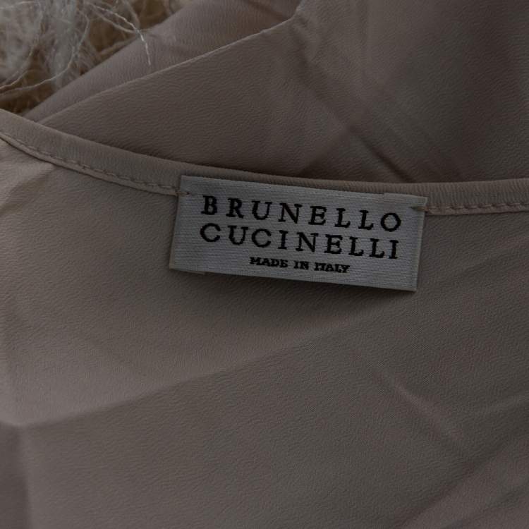 Pre Owned Brunello Cucinelli Off White Floral Embroidered & Embellished Open Knit Top S
