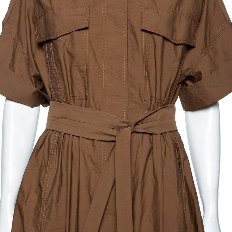Pre Owned Brunello Cucinelli Brown Cotton Button Front Belted Dress S 