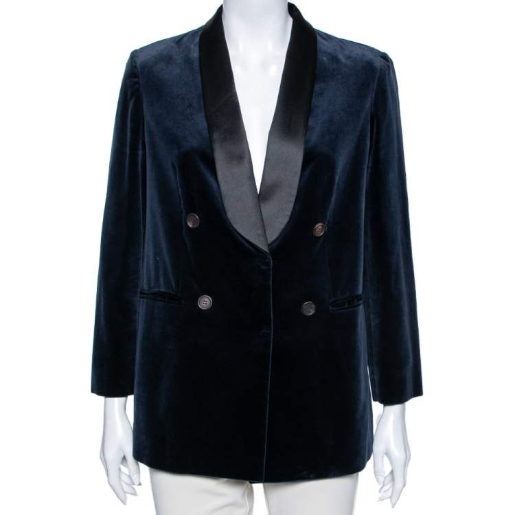 Pre Owned Brunello Cucinelli Blue Velvet & Satin Lapel Detailed Double Breasted Blazer M