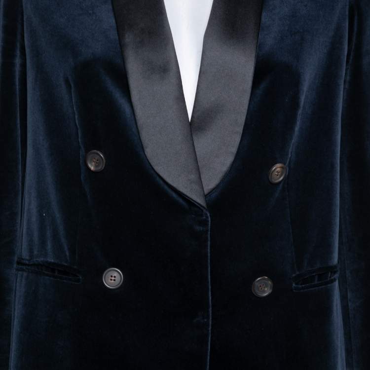 Pre Owned Brunello Cucinelli Blue Velvet & Satin Lapel Detailed Double Breasted Blazer M