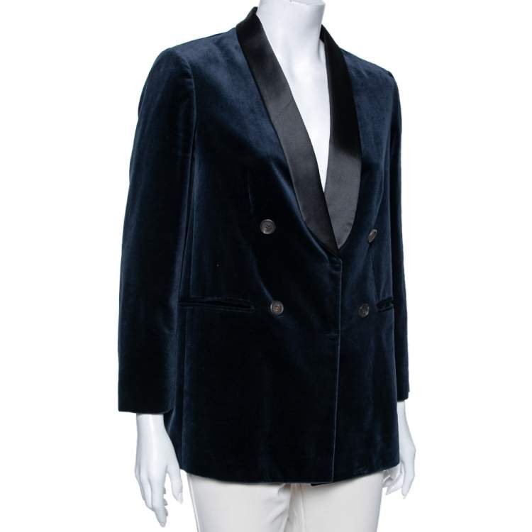 Pre Owned Brunello Cucinelli Blue Velvet & Satin Lapel Detailed Double Breasted Blazer M