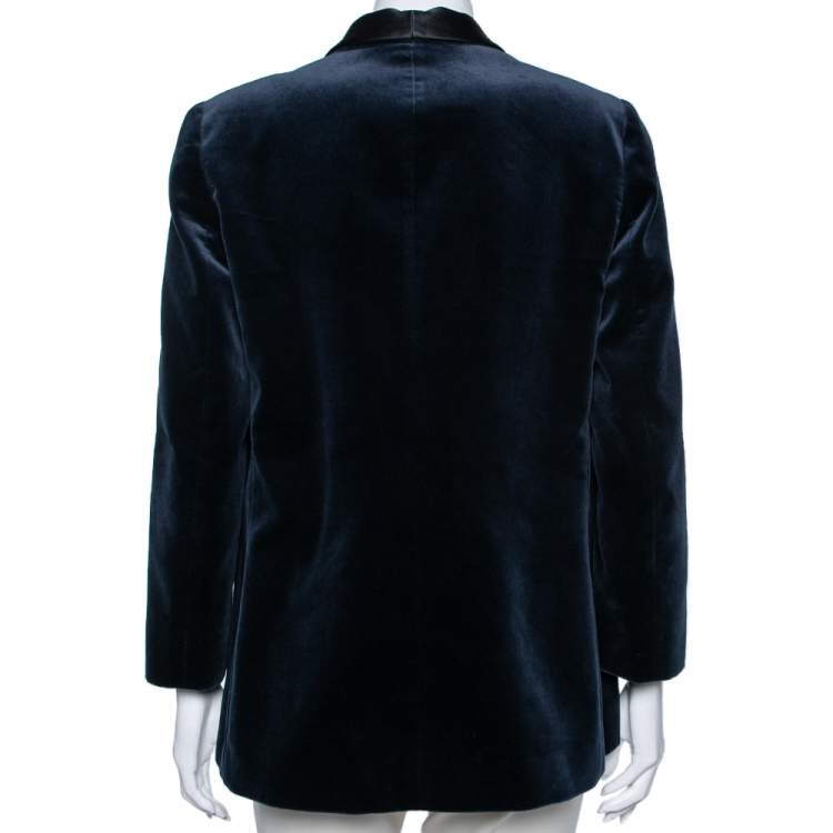 Pre Owned Brunello Cucinelli Blue Velvet & Satin Lapel Detailed Double Breasted Blazer M