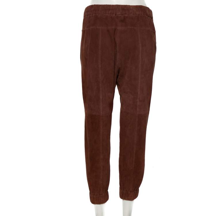 Pre Owned Brunello Cucinelli Brown Suede Elasticized Waist Detailed Pants M