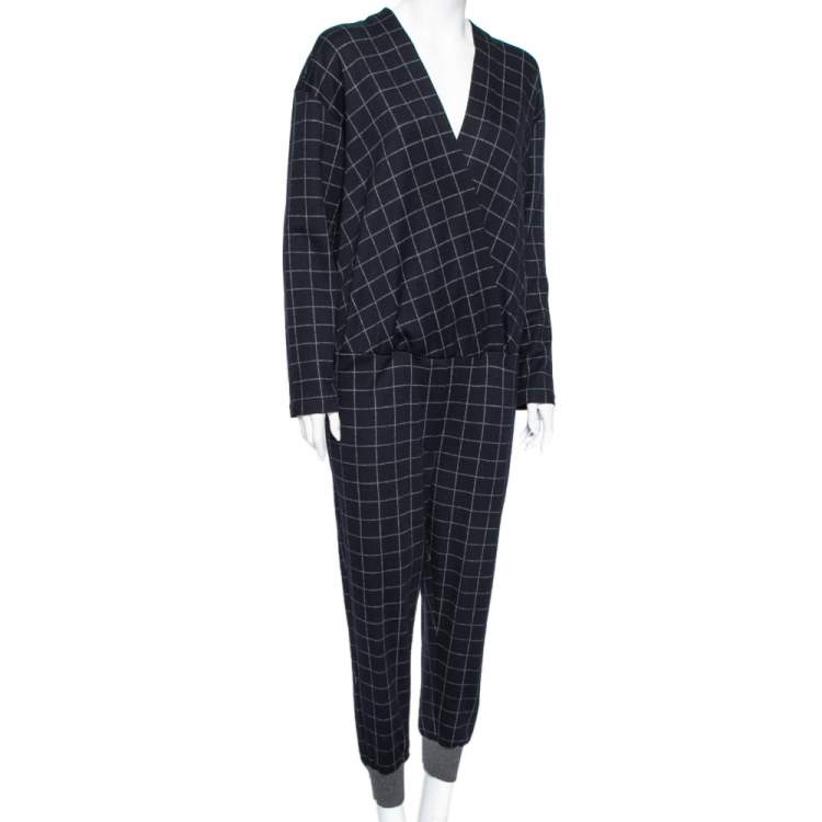 Pre Owned Brunello Cucinelli Navy Blue Checkered Wool Jumpsuit L