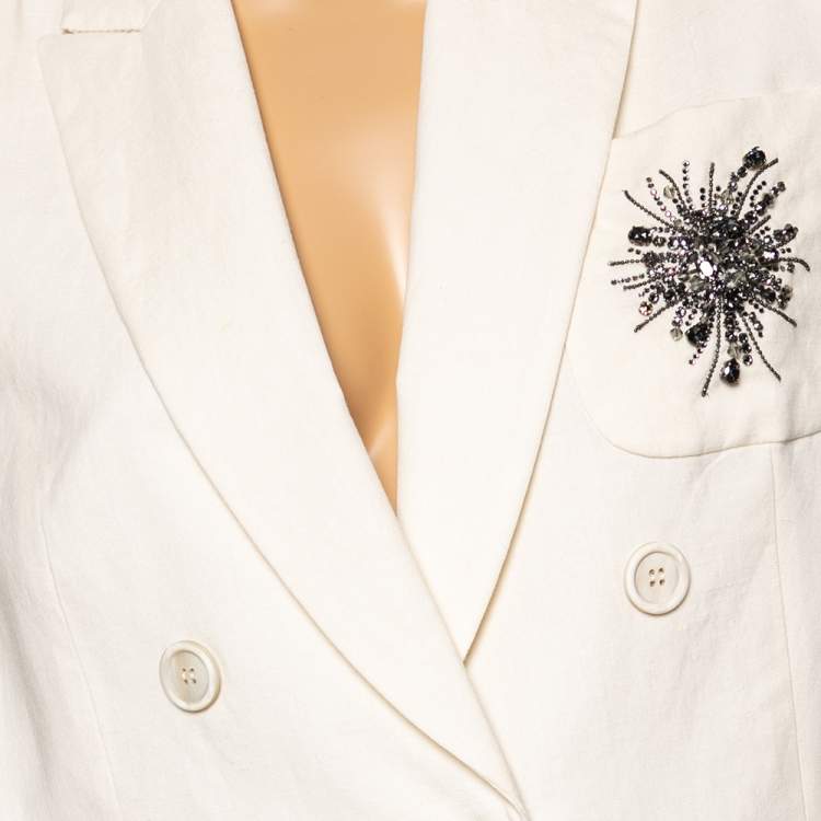 Pre Owned Brunello Cucinelli Cream Linen & Wool Embellished Detail Double Breasted Blazer L
