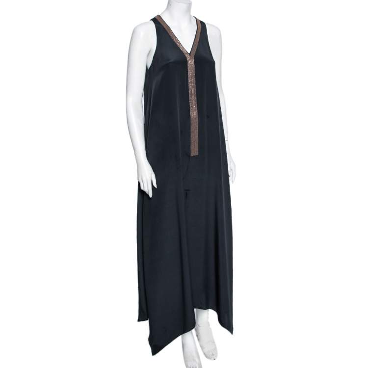 Pre Owned Brunello Cucinelli Charcoal Grey Silk Bead Embellished Neck Detail Sleeveless Maxi Dress S