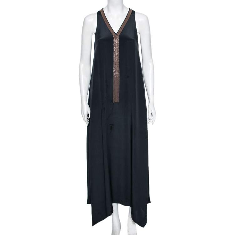 Pre Owned Brunello Cucinelli Charcoal Grey Silk Bead Embellished Neck Detail Sleeveless Maxi Dress S