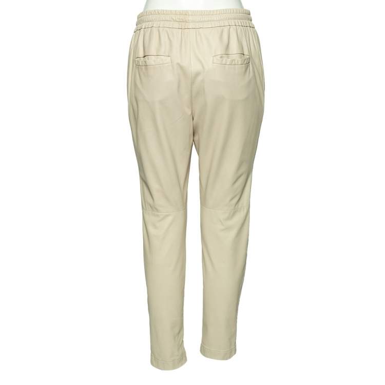 Pre Owned Brunello Cucinelli Beige Leather Drawstring Waist Pants M