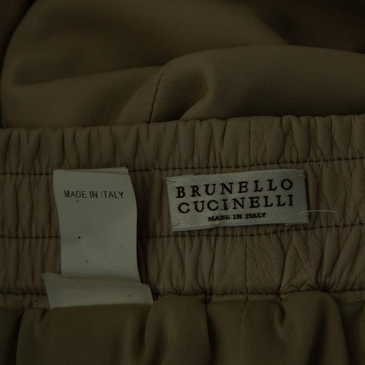 Pre Owned Brunello Cucinelli Beige Leather Drawstring Waist Pants M