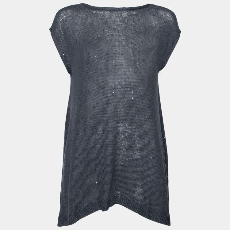 Pre Owned Brunello Cucinelli Grey Linen Knit Sequin Embellished Top L