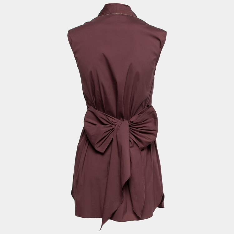 Pre Owned Brunello Cucinelli Burgundy Cotton Bead Embellished Wrap Detail Top M