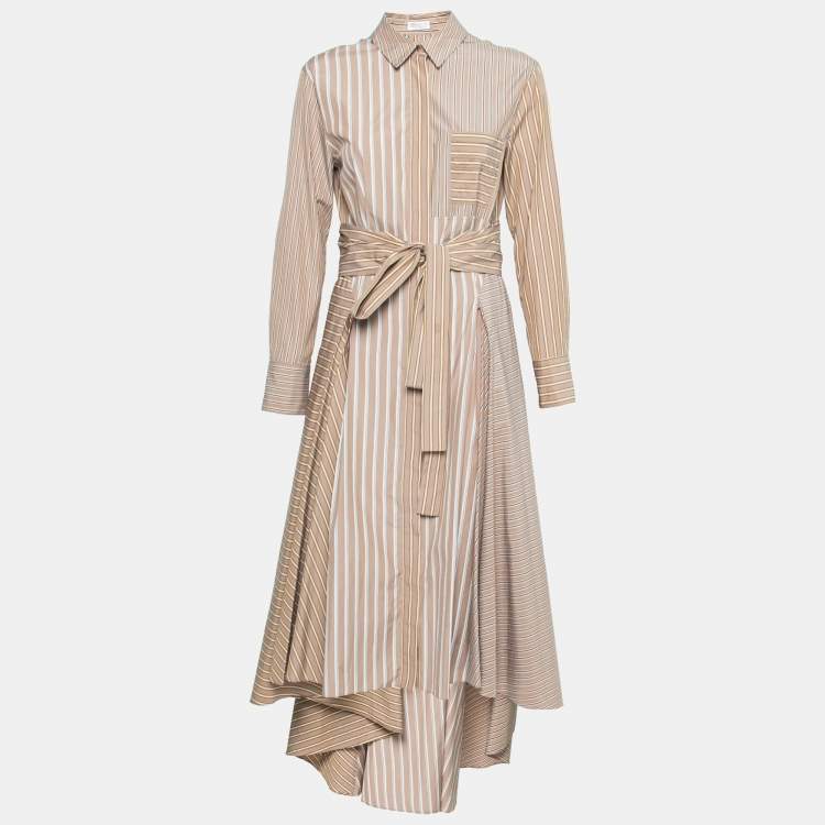 Pre Owned Brunello Cucinelli Brown Striped Cotton Belted Flared Shirtdress M 