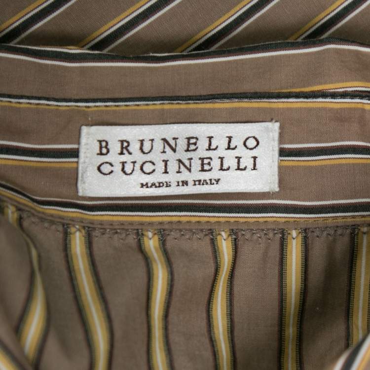 Pre Owned Brunello Cucinelli Brown Striped Cotton Belted Flared Shirtdress M 