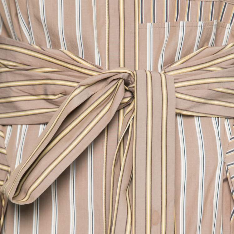 Pre Owned Brunello Cucinelli Brown Striped Cotton Belted Flared Shirtdress M 