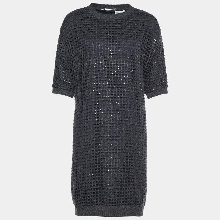 Pre Owned Brunello Cucinelli Grey Cashmere Open Knit Sequined Dress L