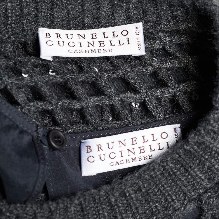 Pre Owned Brunello Cucinelli Grey Cashmere Open Knit Sequined Dress L