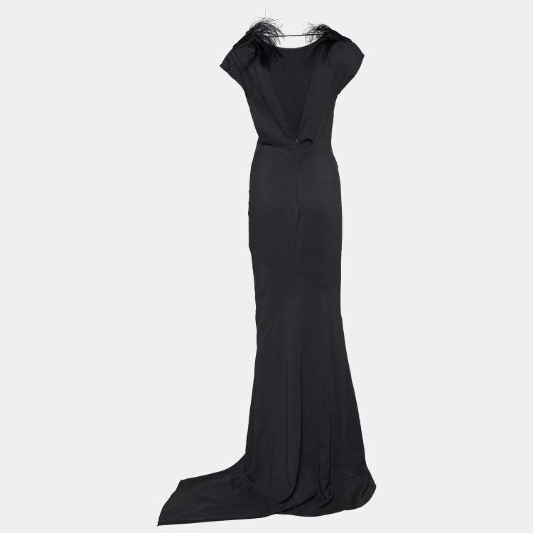 Pre Owned Brunello Cucinelli Dark Grey Crepe Feather Epaulette Detail Maxi Dress S