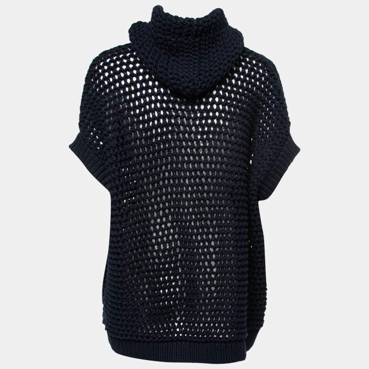 Pre Owned Brunello Cucinelli Navy Blue Crochet-Knit Hooded Cardigan M