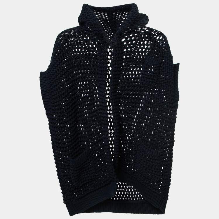 Pre Owned Brunello Cucinelli Navy Blue Crochet-Knit Hooded Cardigan M