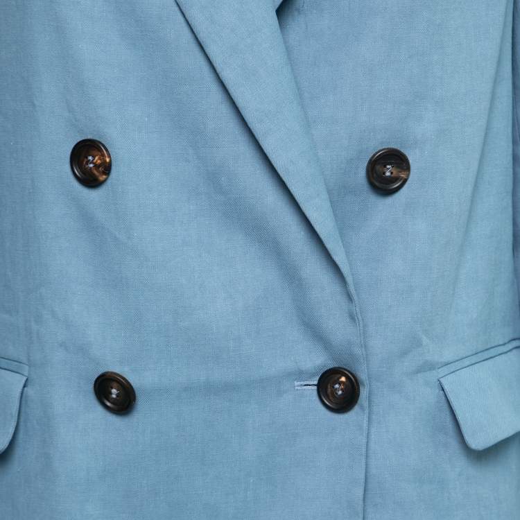 Pre Owned Brunello Cucinelli Light Blue Linen & Cotton Double-Breasted Blazer S