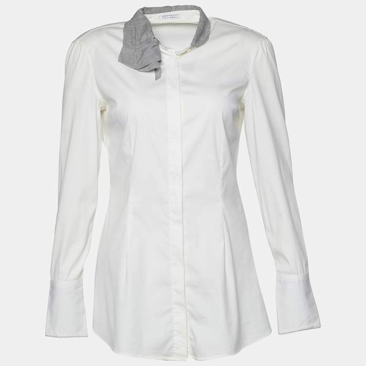 Pre Owned Brunello Cucinelli Off-White Cotton Monili Detail Long Sleeve Shirt S