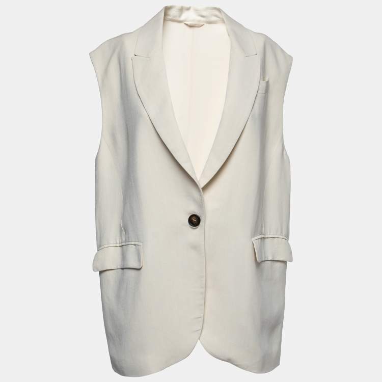 Pre Owned Brunello Cucinelli Cream Canvas Oversized Jacket Vest M