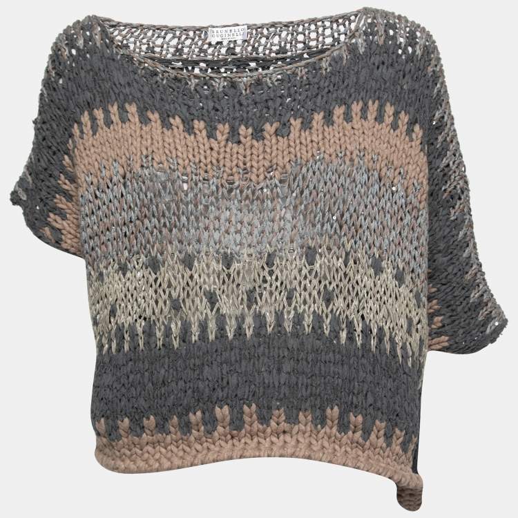 Pre Owned Brunello Cucinelli Beige Crochet Knit Sequined Asymmetric Jumper XL