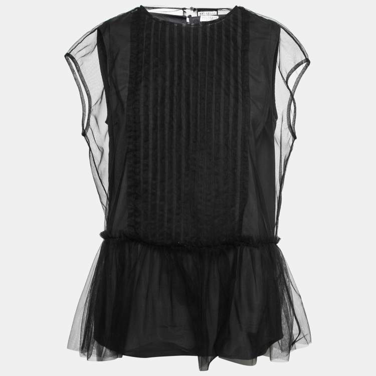 Pre Owned Brunello Cucinelli Black Silk Tulle Overlay Pleated Top M