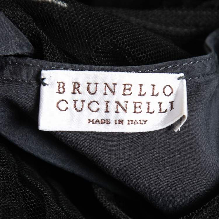 Pre Owned Brunello Cucinelli Black Silk Tulle Overlay Pleated Top M