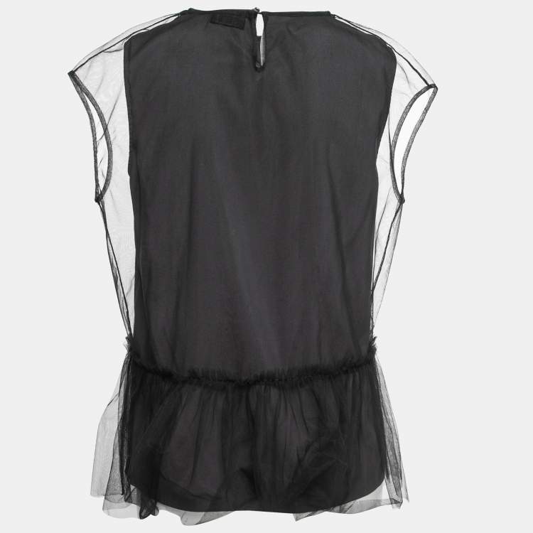 Pre Owned Brunello Cucinelli Black Silk Tulle Overlay Pleated Top M