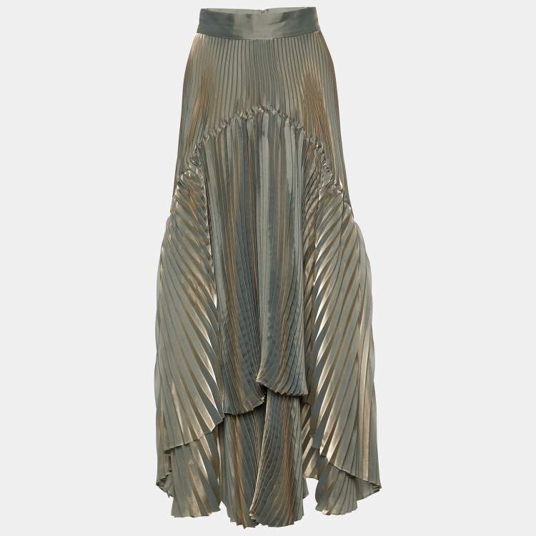 Pre Owned Brunello Cucinelli Metallic Plisse Asymmetrical Midi Skirt L