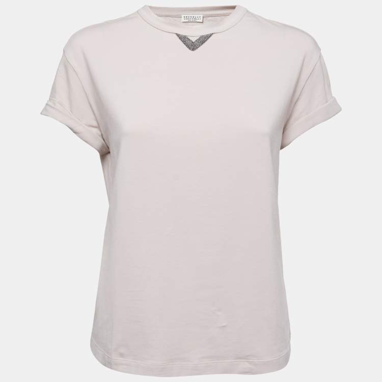 Pre Owned Brunello Cucinelli Light Grey Cotton Embellished T-Shirt XS