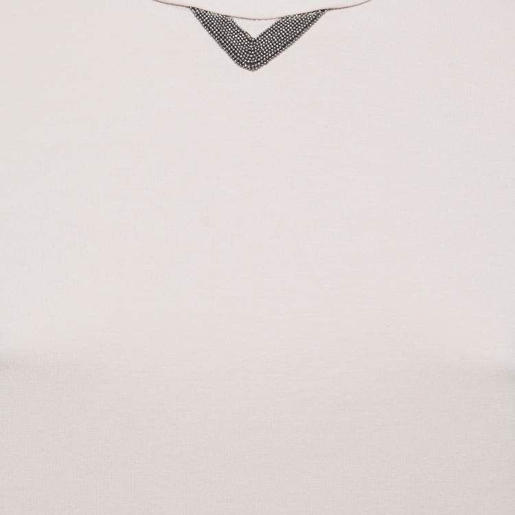 Pre Owned Brunello Cucinelli Light Grey Cotton Embellished T-Shirt XS