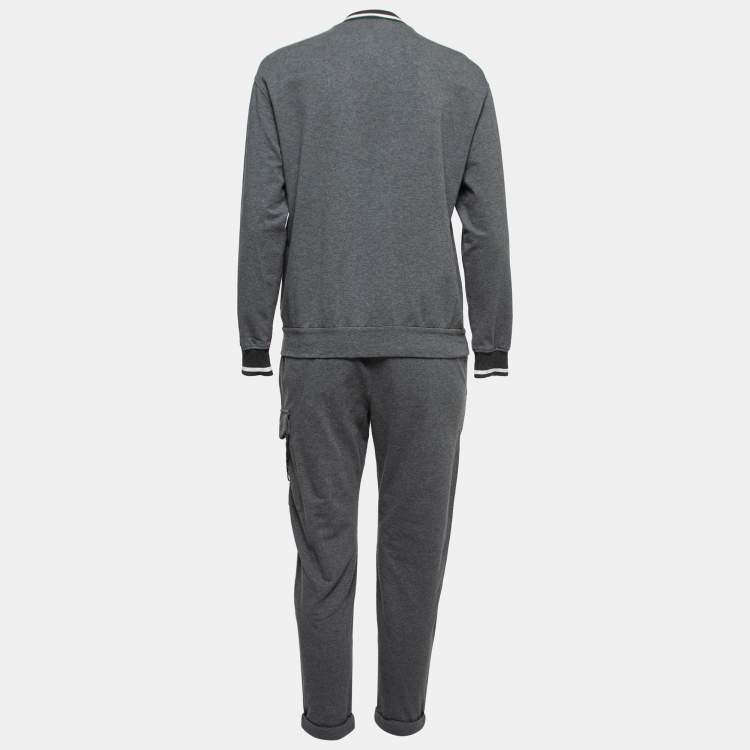 Pre Owned Brunello Cucinelli Grey Cotton Knit Embellished Jacket & Pants Set S