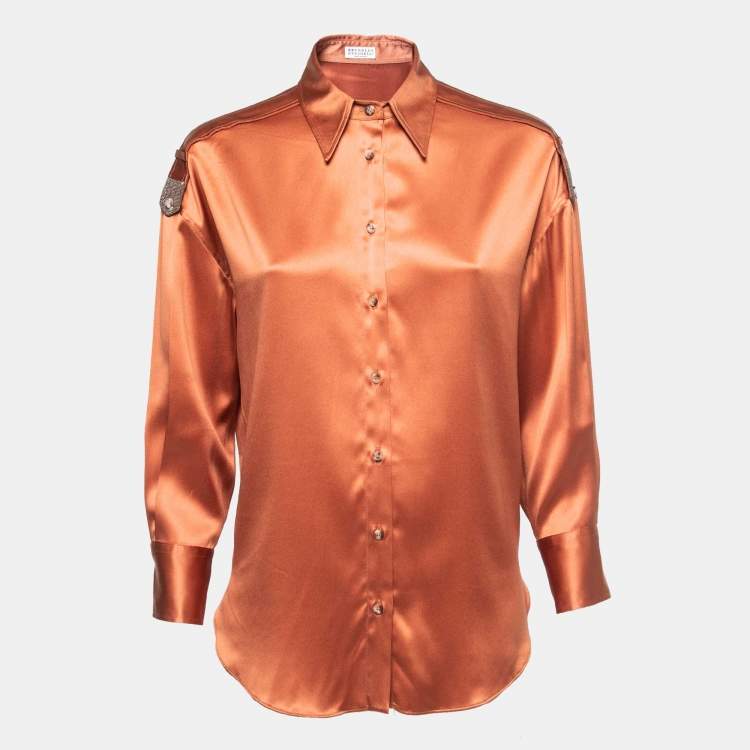 Pre Owned Brunello Cucinelli Orange Silk Embellished Button Front Shirt S