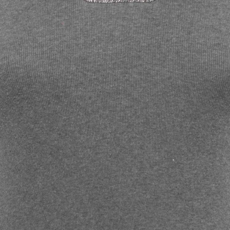 Pre Owned Brunello Cucinelli Grey Cotton Knit V-Neck Half Sleeve T-Shirt S