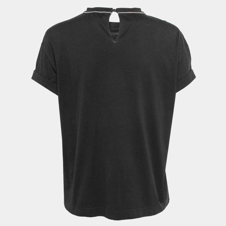 Pre Owned Brunello Cucinelli Black Cotton Beaded Trim Detail T-Shirt M