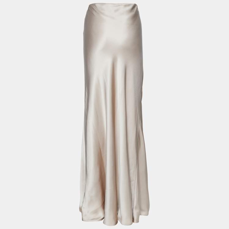 Pre Owned Brunello Cucinelli Beige Silk Satin High Waist Maxi Skirt M