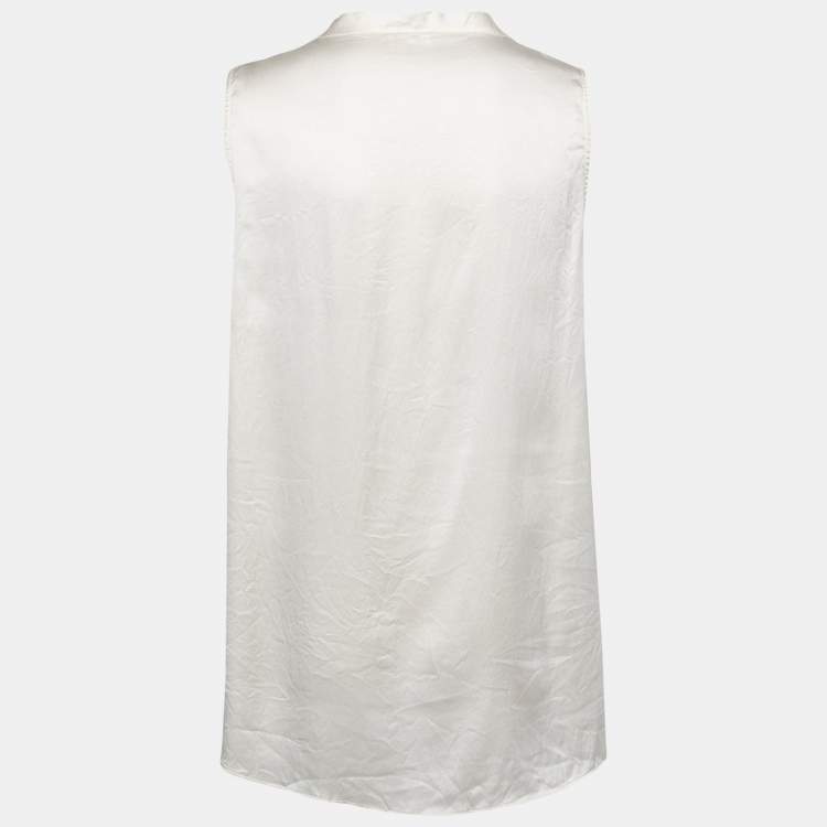 Pre Owned Brunello Cucinelli Cream Satin Silk V-Neck Sleeveless Blouse L