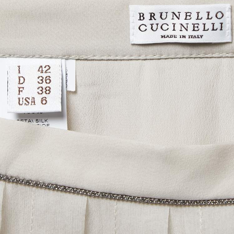 Pre Owned Brunello Cucinelli Beige Silk Pleated Midi Skirt M