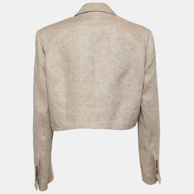 Pre Owned Brunello Cucinelli Beige Metallic Linen Open Cropped Blazer M