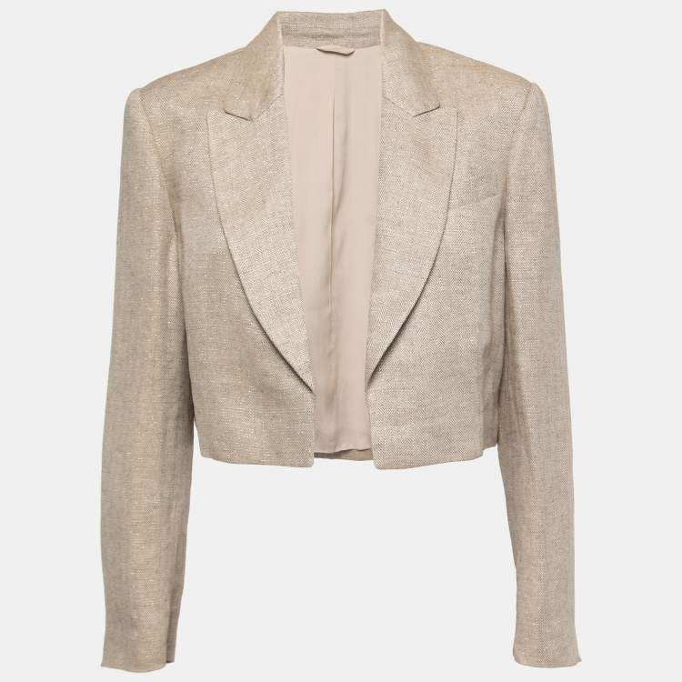 Pre Owned Brunello Cucinelli Beige Metallic Linen Open Cropped Blazer M