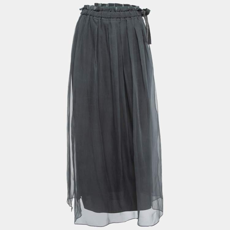 Pre Owned Brunello Cucinelli Grey Silk Midi Skirt S