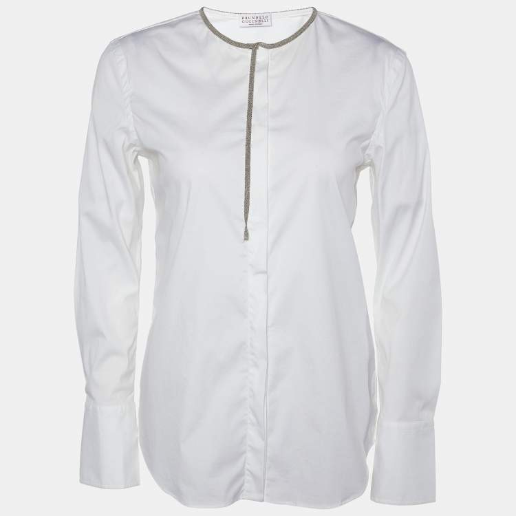 Pre Owned Brunello Cucinelli White Cotton Monili Detail Collarless Shirt S