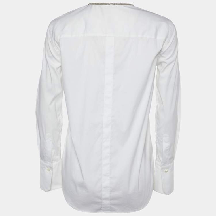 Pre Owned Brunello Cucinelli White Cotton Monili Detail Collarless Shirt S