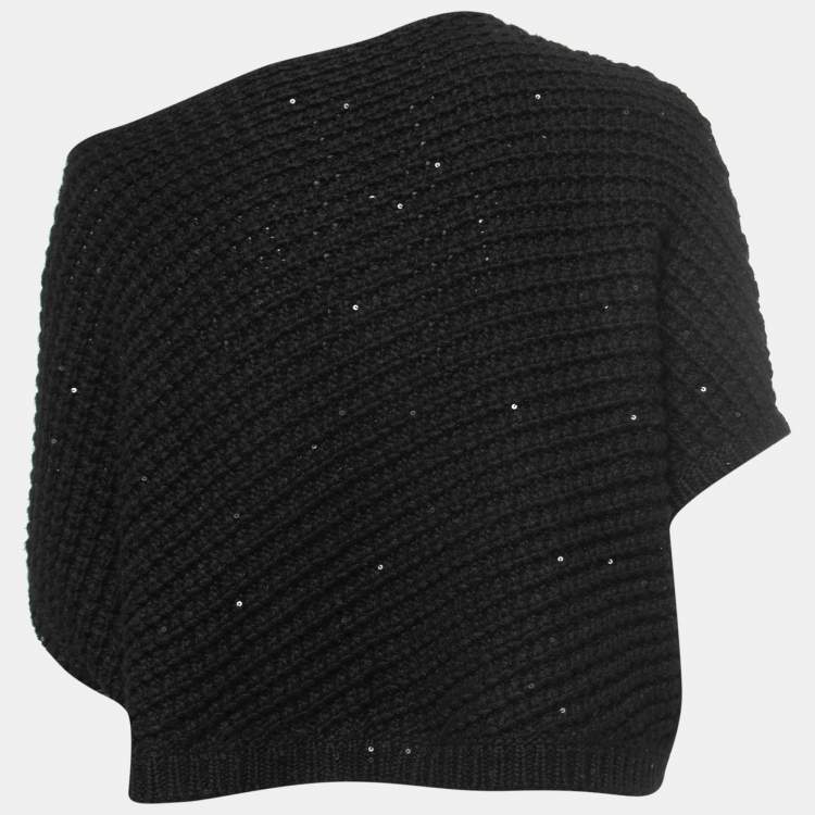 Pre Owned Brunello Cucinelli Black Sequined Cashmere Asymmetrical Knit Top L